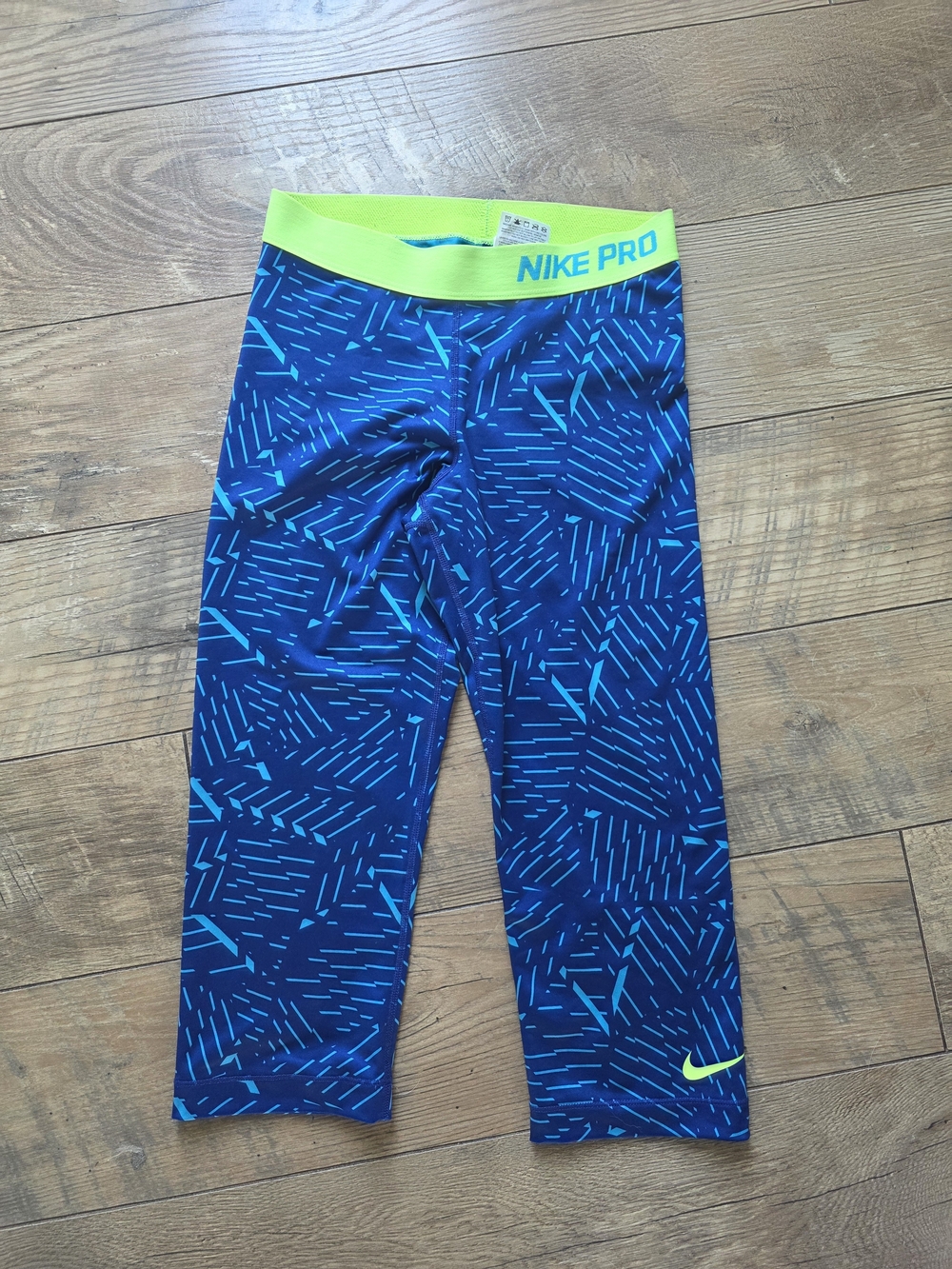 Nike Pro Womens Blue Geo Print Leggings with Neon Yellow Waistband